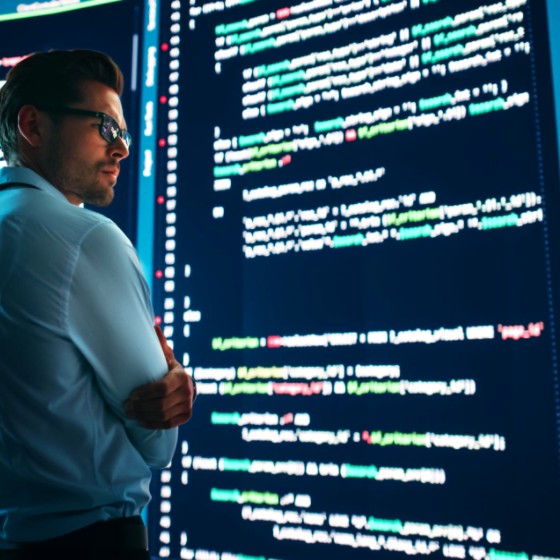 Person analysing code on a large computer screen