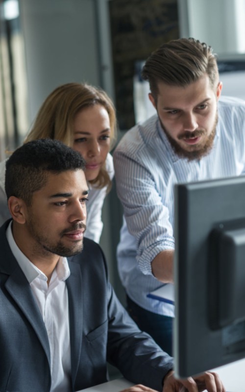 Vertical image, people at computer solving problems